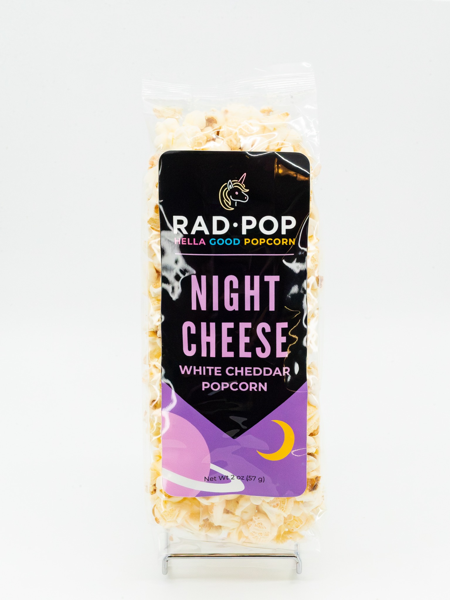 Rad Pop Night Cheese popcorn in its retail bag